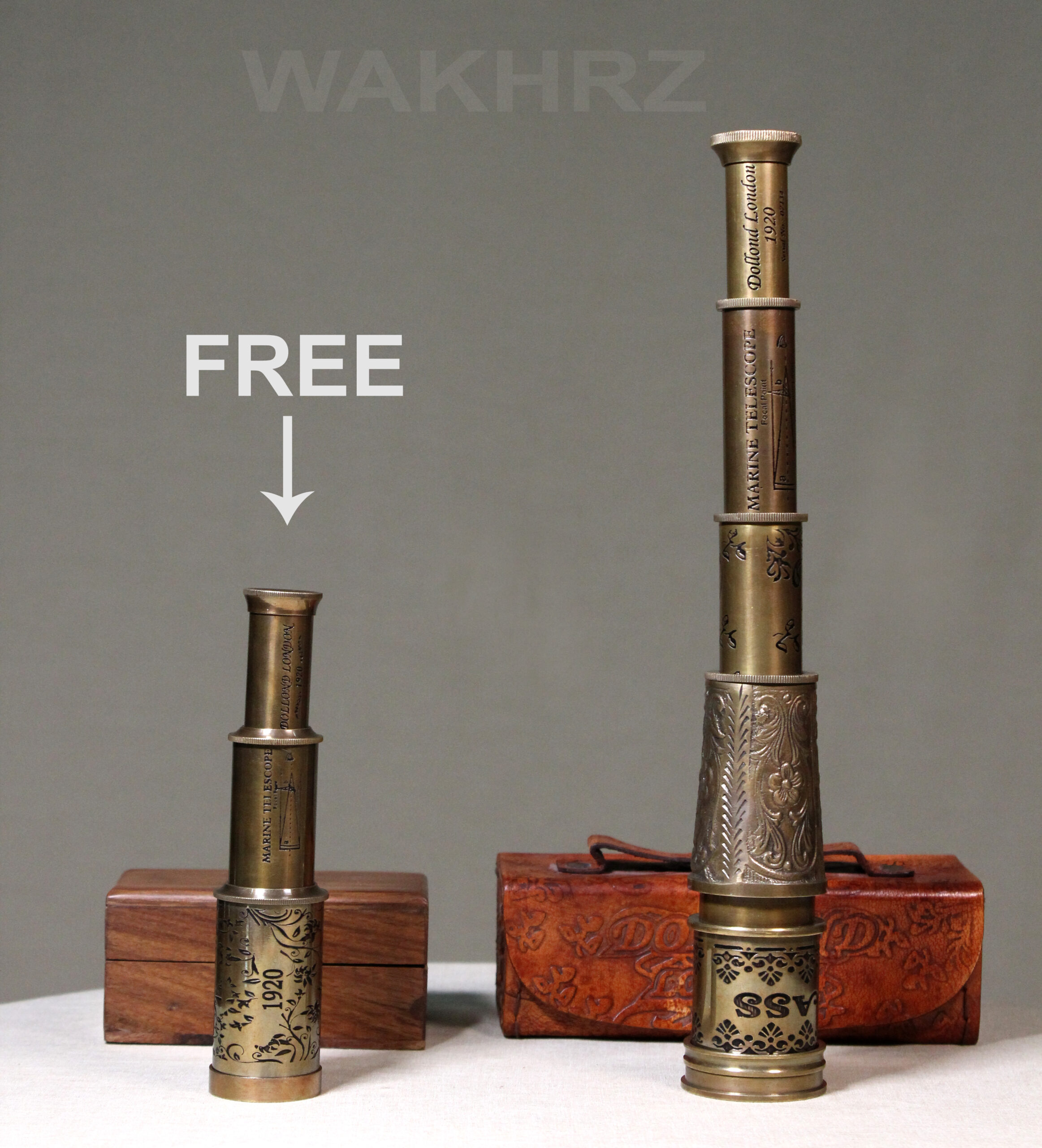 WAKHRZ BRASS MARINE TELESCOPE WITH LEATHER BOX.