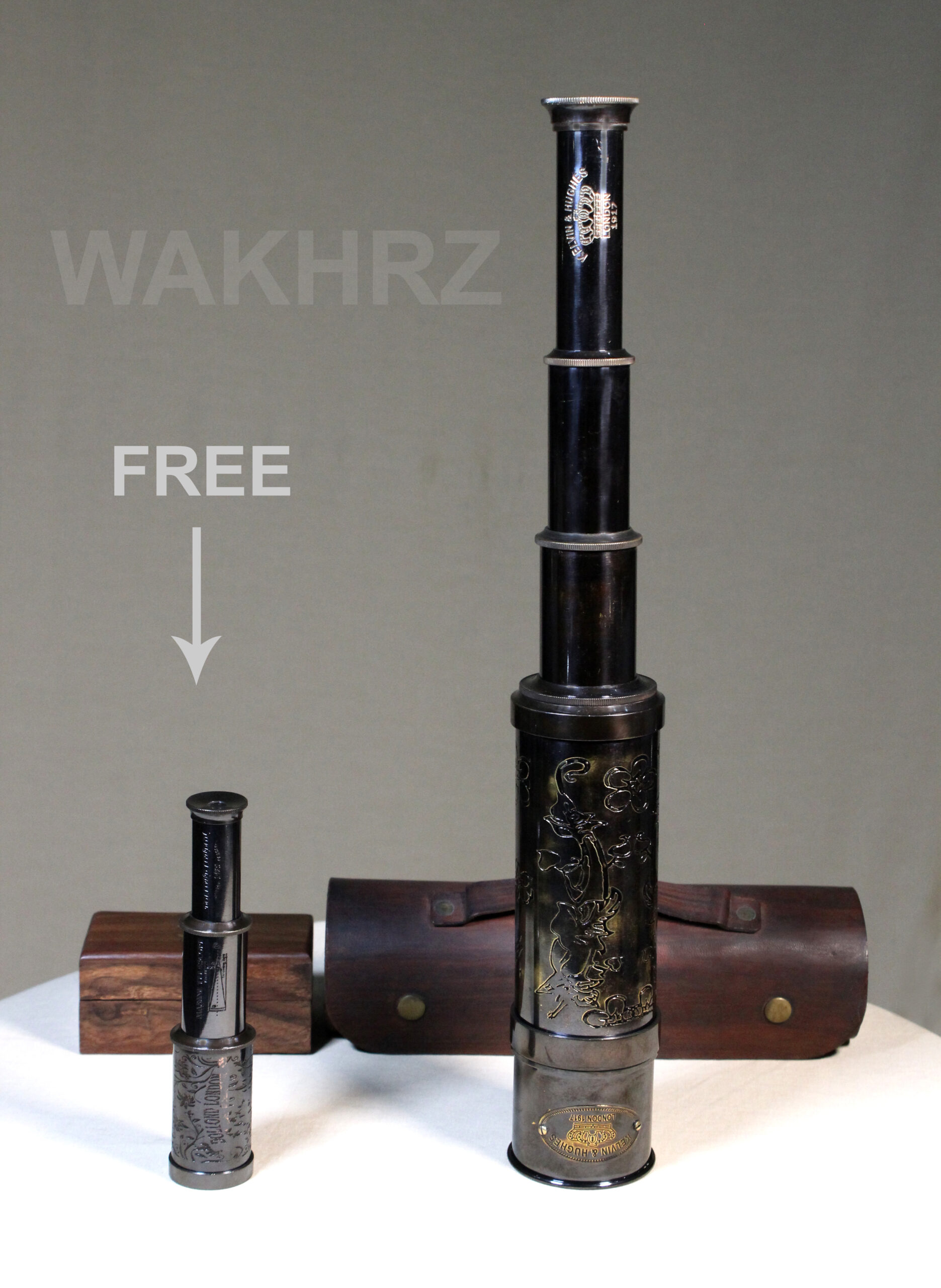 WAKHRZ BRASS SHINY BLACK LONDON 1917 TELESCOPE WITH LEATHER BOX.